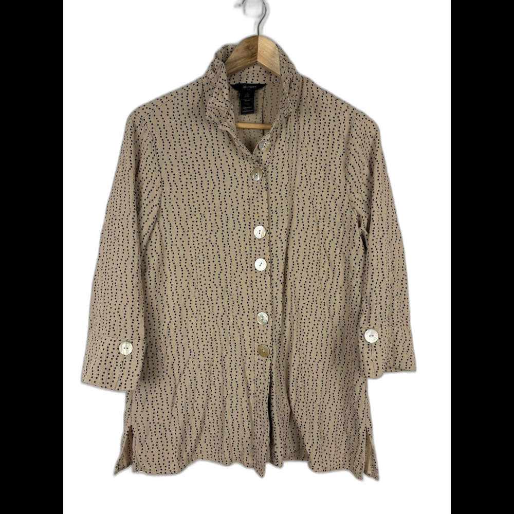 Ali Miles Tan Black Polka Dot Button-Up Collared Blouse 3/4 Sleeve Size Small
